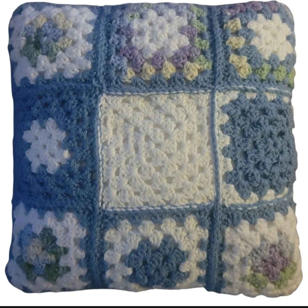 Crocheted Granny Square Pillow Vibrant Colors Decorative Cozy 13.5" Sq. - Picture 2 of 7